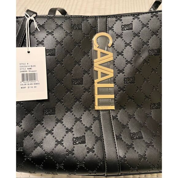 Cavalli Sandra Shopper Tote Bag – Black Deboss Logo, Large Carryall, NWT - Picture 3 of 6
